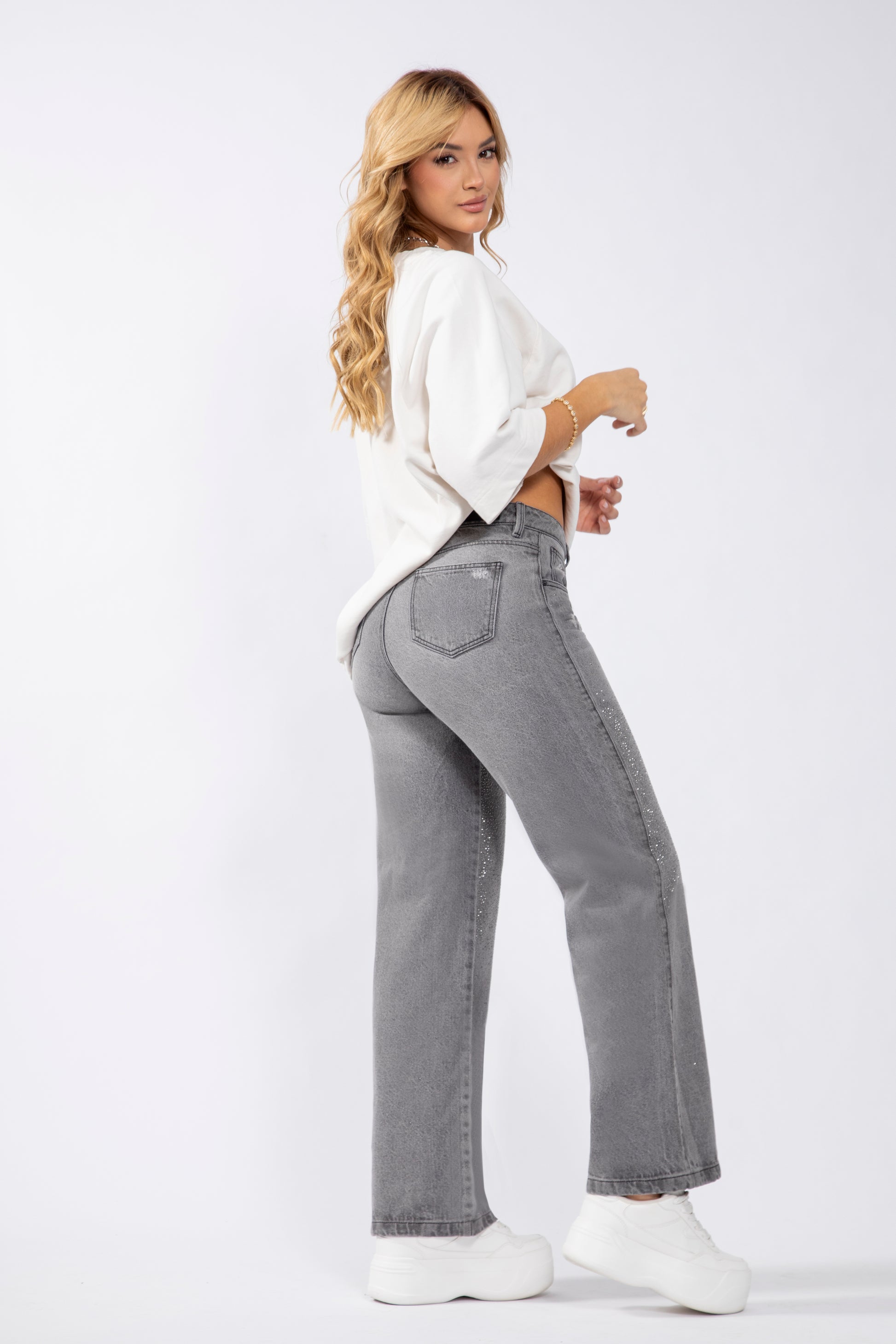 PANTALON WIDE GRIS CON BRILLOS - UP FEMME