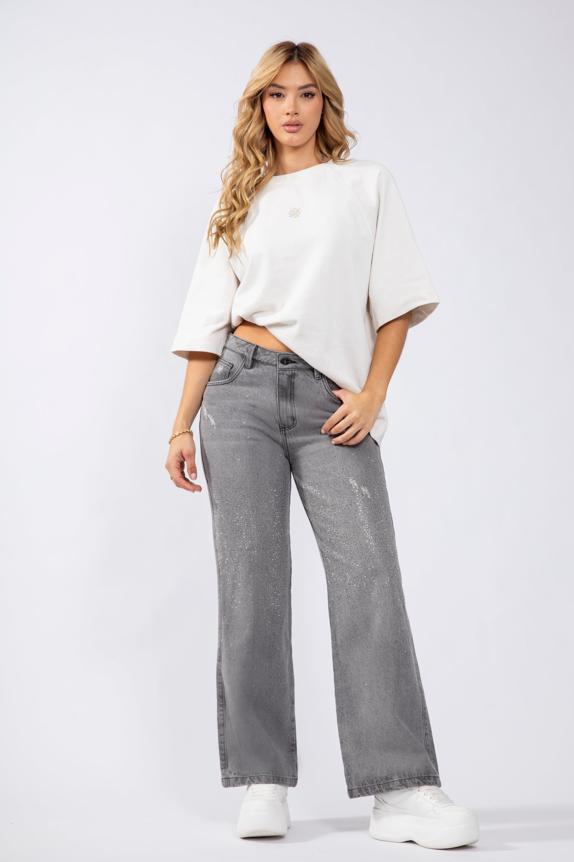 PANTALON WIDE GRIS CON BRILLOS - UP FEMME